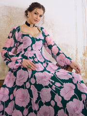 Women Green & Pink Floral Sweetheart Neck Anarkali Kurta