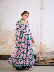 Women Green & Pink Floral Sweetheart Neck Anarkali Kurta