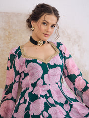 Women Green & Pink Floral Sweetheart Neck Anarkali Kurta
