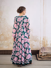 Women Green & Pink Floral Sweetheart Neck Anarkali Kurta