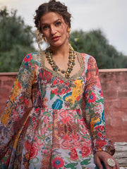 Women White Multi Floral Sweetheart Neck Anarkali Kurta