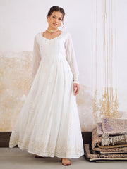 Women White Sequence Sweetheart Neck Anarkali Kurta