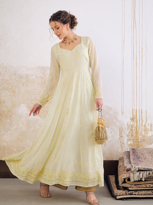 Women Pastel Yellow Sweetheart Neck Sequence Anarkali Kurta