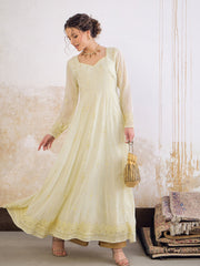 Women Pastel Yellow Sweetheart Neck Sequence Anarkali Kurta