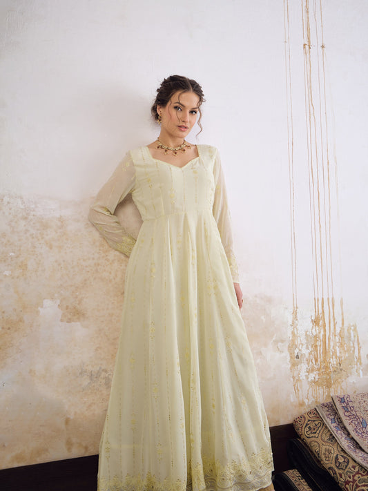 Women Pastel Yellow Sweetheart Neck Sequence Anarkali Kurta
