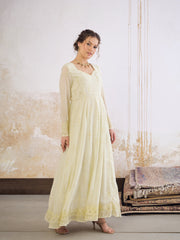 Women Pastel Yellow Sweetheart Neck Sequence Anarkali Kurta