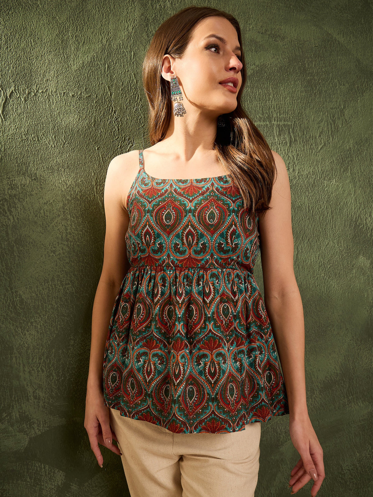 Women Green Floral Strappy Peplum Kurti