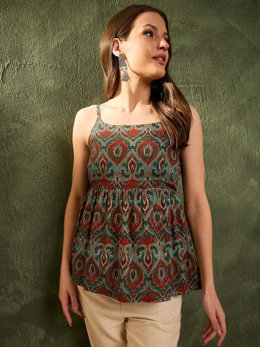 Women Green Floral Strappy Peplum Kurti