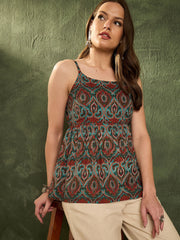 Women Green Floral Strappy Peplum Kurti