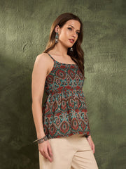 Women Green Floral Strappy Peplum Kurti