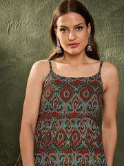 Women Green Floral Strappy Peplum Kurti