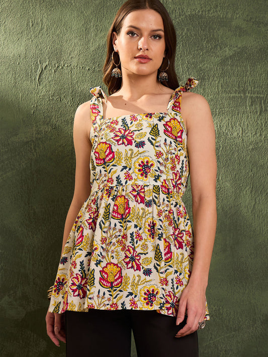 Women Yellow Floral Tie Up Peplum Kurti