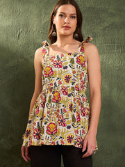 Women Yellow Floral Tie Up Peplum Kurti