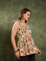 Women Yellow Floral Tie Up Peplum Kurti