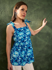Women Blue Tie & Dye Tie Up Peplum Kurti