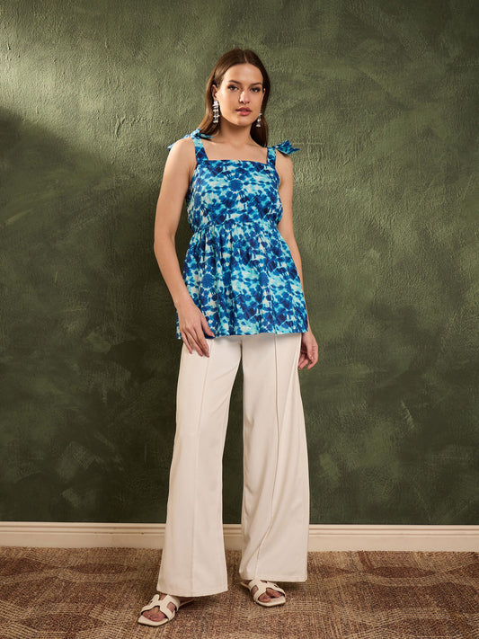 Women Blue Tie & Dye Tie Up Peplum Kurti