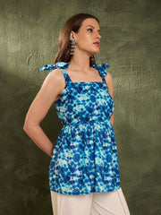 Women Blue Tie & Dye Tie Up Peplum Kurti