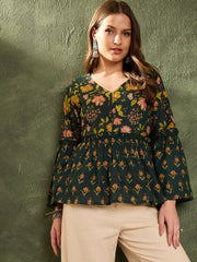 Women Dark Green Floral V Neck Frill Sleeve Peplum Kurti