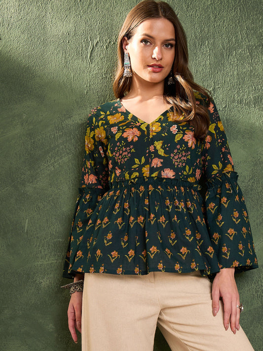 Women Dark Green Floral V Neck Frill Sleeve Peplum Kurti