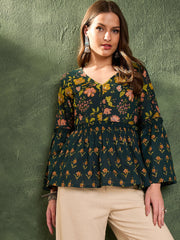 Women Dark Green Floral V Neck Frill Sleeve Peplum Kurti