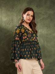 Women Dark Green Floral V Neck Frill Sleeve Peplum Kurti