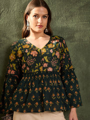 Women Dark Green Floral V Neck Frill Sleeve Peplum Kurti