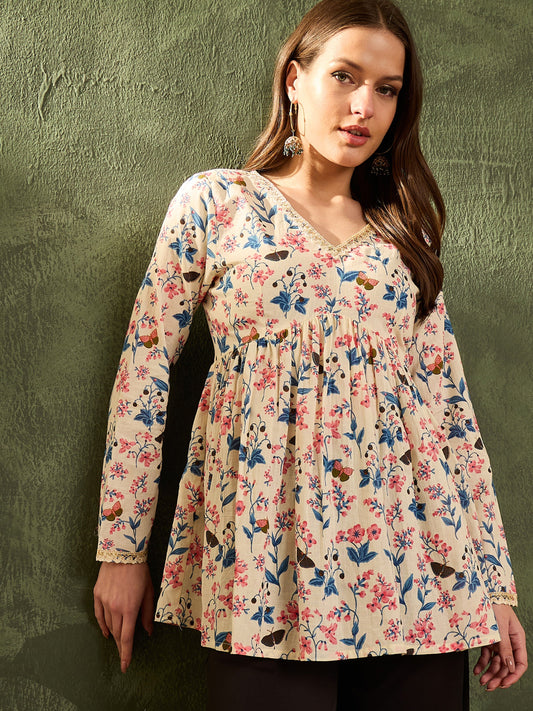 Women Off White Floral V Neck Full Sleeves Peplum Kurti