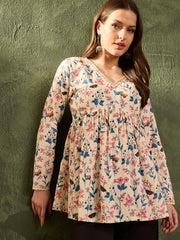 Women Off White Floral V Neck Full Sleeves Peplum Kurti