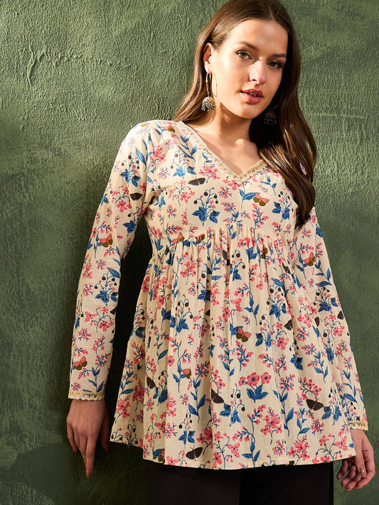Women Off White Floral V Neck Full Sleeves Peplum Kurti
