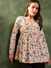 Women Off White Floral V Neck Full Sleeves Peplum Kurti