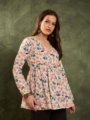 Women Off White Floral V Neck Full Sleeves Peplum Kurti