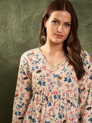 Women Off White Floral V Neck Full Sleeves Peplum Kurti