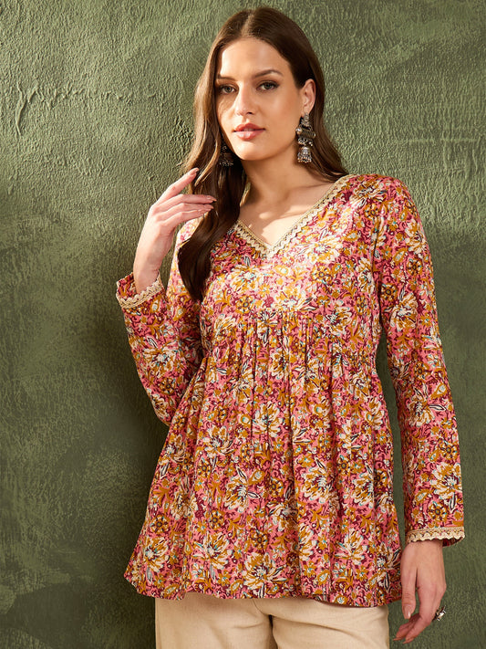 Women Pink Floral V Neck Full Sleeves Peplum Kurti