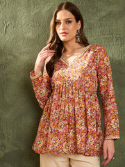 Women Pink Floral V Neck Full Sleeves Peplum Kurti