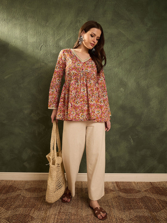 Women Pink Floral V Neck Full Sleeves Peplum Kurti
