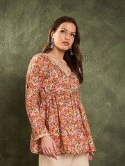 Women Pink Floral V Neck Full Sleeves Peplum Kurti
