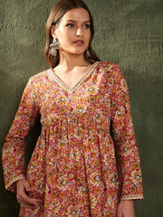 Women Pink Floral V Neck Full Sleeves Peplum Kurti