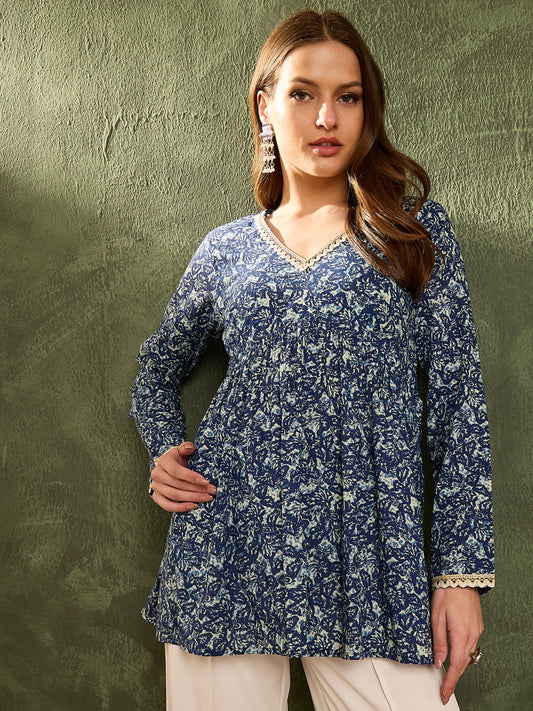 Women Blue Floral V Neck Full Sleeves Peplum Kurti