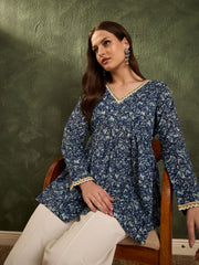 Women Blue Floral V Neck Full Sleeves Peplum Kurti