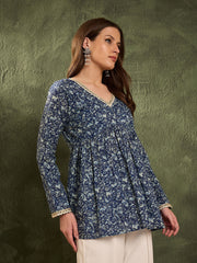 Women Blue Floral V Neck Full Sleeves Peplum Kurti