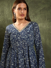 Women Blue Floral V Neck Full Sleeves Peplum Kurti