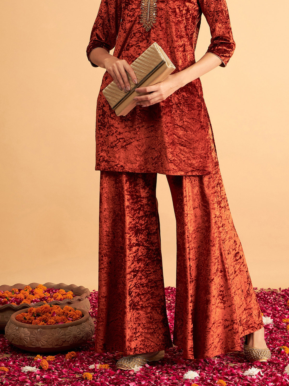 Women Rust Velvet Kurta with Palazzo Pants