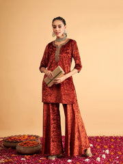 Women Rust Velvet Kurta with Palazzo Pants