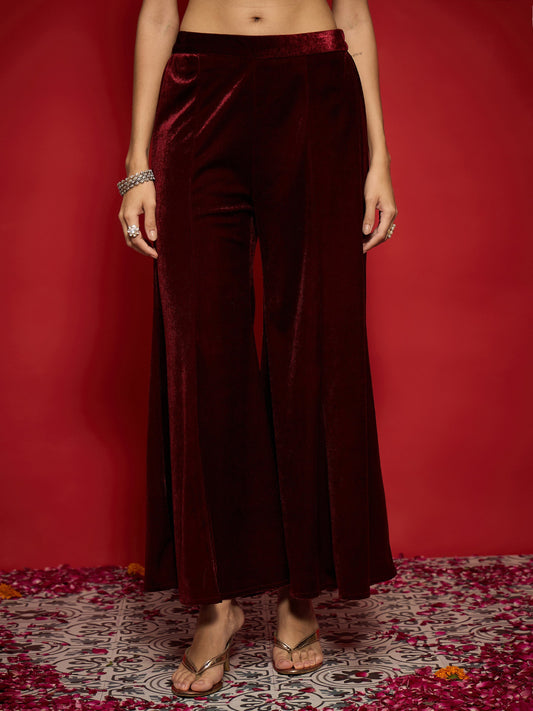 Women Maroon Velvet Flared Palazzos