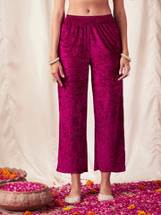 Women Fuchsia Velvet Straight Kurta with Pants