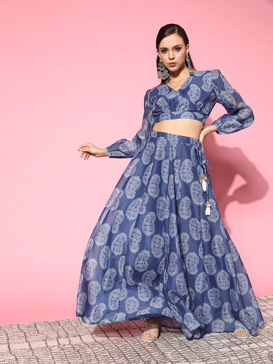 Shae by SASSAFRAS - Women Blue Paisley Wrap Crop Top With Aanarkali Skirt