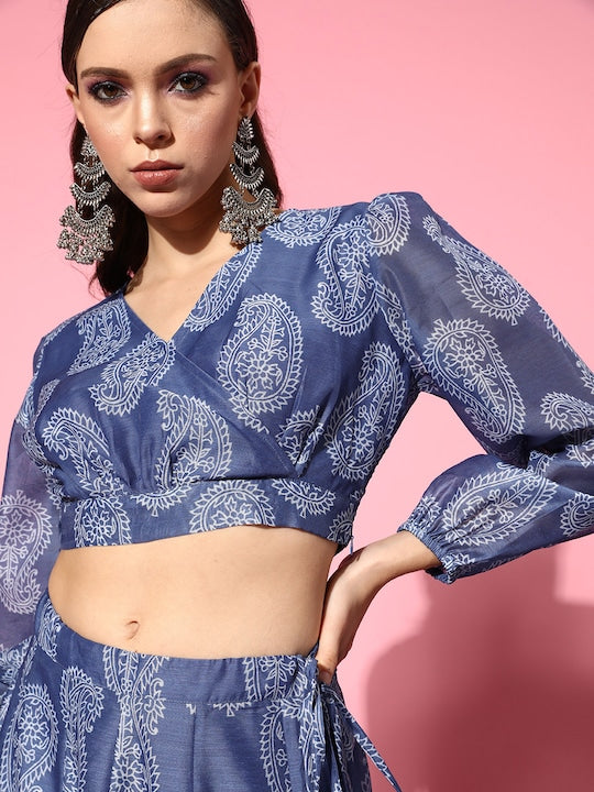 Shae by SASSAFRAS - Women Blue Paisley Wrap Crop Top With Aanarkali Skirt