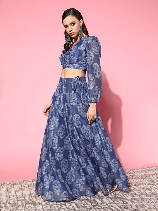 Shae by SASSAFRAS - Women Blue Paisley Wrap Crop Top With Aanarkali Skirt