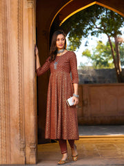 Shae by SASSAFRAS - Women Rust Chevron Foil Anarkali Kurta With Pants