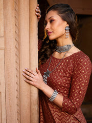 Shae by SASSAFRAS - Women Rust Chevron Foil Anarkali Kurta With Pants